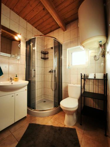 a bathroom with a shower and a toilet and a sink at u HELanki - Domki letniskowe przy samej plaży - Kuźnica in Kuźnica