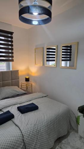 a bedroom with a bed with blue pillows on it at Prestige Slow Lake Centrum Jezioro Magistrackie 100m Internet in Mrągowo