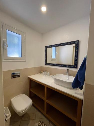 a bathroom with a sink and a toilet and a mirror at Villa avec Piscine Privée à Djerba Dar Jafra in Houmt Souk