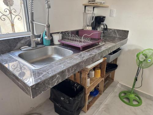 a kitchen counter with a sink and a mixer at Aldea Cardumen in Isla Aguada