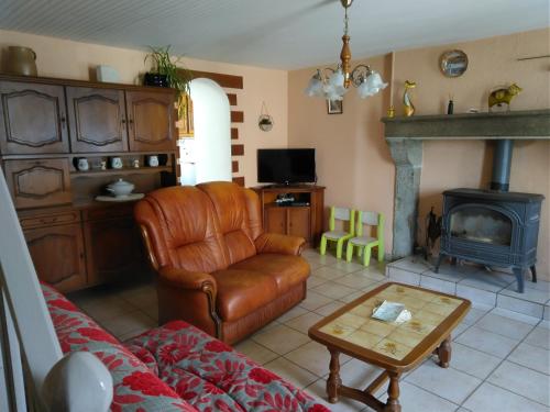 a living room with a leather couch and a fireplace at Maison 'Dédé' in La Chapelle-Taillefert