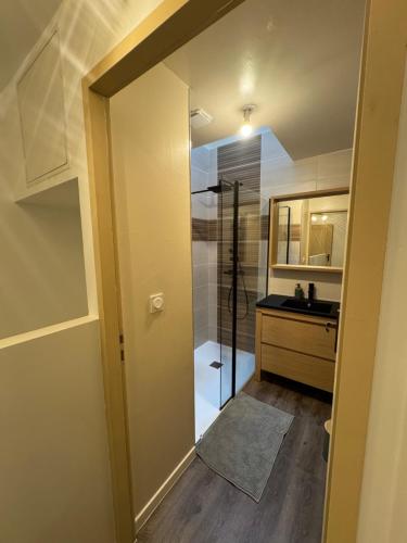 a bathroom with a shower and a sink at L'hotel de ville in Chéroy