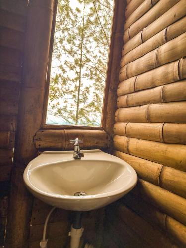 a bathroom with a sink and a window at Los Pinos EcoHotel in Hobo