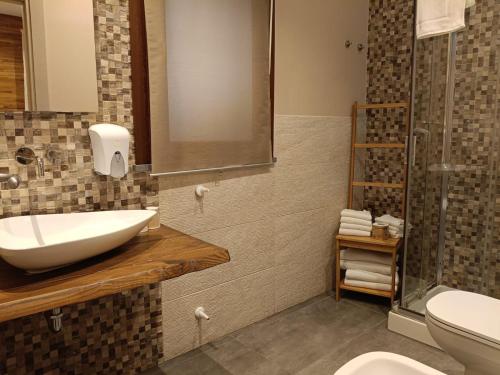 a bathroom with a sink and a shower and a toilet at B&B La Grotta in Nicolosi
