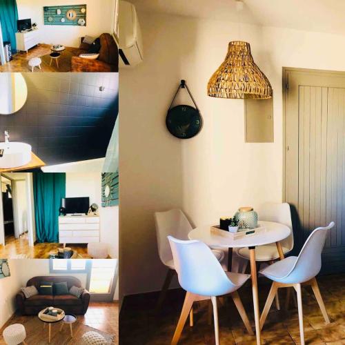 a living room and a dining room with a table and chairs at Casamea - T2, Piscine, Vue Mer, Clim, Balcon in Porticcio