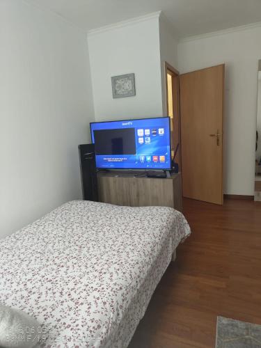 a bedroom with a bed and a flat screen tv at Chez Carolayn in Geneva