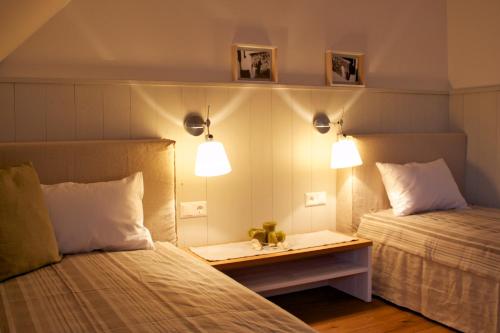 a room with two beds and a table with two lamps at Auszeit Koppi in Apetlon