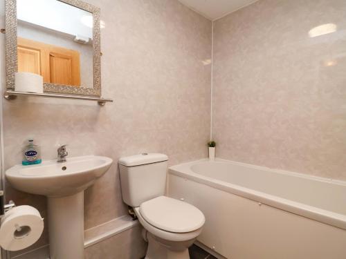 a bathroom with a toilet and a sink and a bath tub at Clwyd Cottage in St Asaph