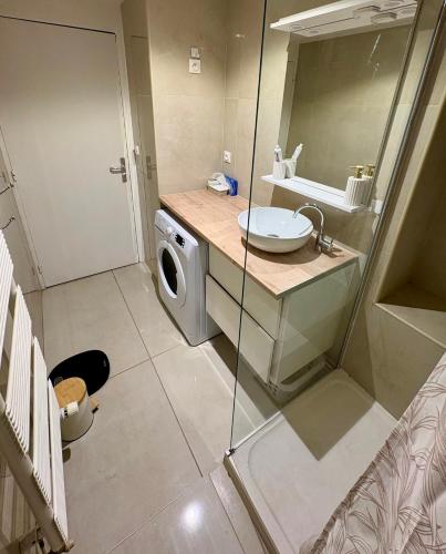 a bathroom with a washing machine and a sink at Large Studio Near Train station and Disney in Lognes