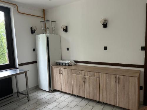 a kitchen with a white refrigerator and wooden cabinets at Fenyő Liget Vendégház in Balatonlelle