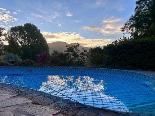 a swimming pool with a blue net on the ground at Pumula Luxury Camps in Lions River