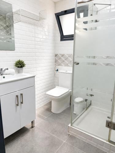 a bathroom with a toilet and a sink and a shower at המקום של ברקו in Me‘ona