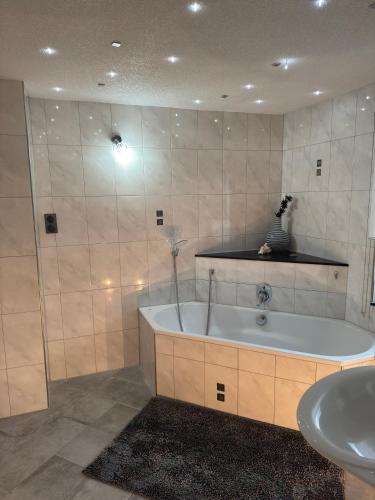 a bathroom with a bath tub and a sink at Loft Fischbach bei Kallmünz 2 Schlafzimmer in Kallmünz