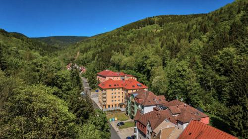 an aerial view of a town in the mountains at Apartment Schober - Rezidence K Lanovce in Jáchymov