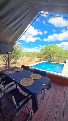 a blue table on a deck with a swimming pool at Zuri Camp - Tent Kiama in Tsumeb