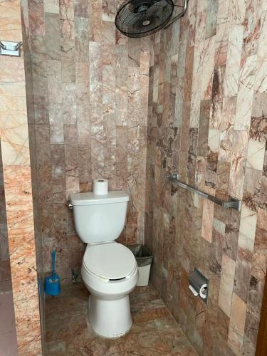 a bathroom with a toilet and a shower at Galeria Elementos, Tierra in Campeche
