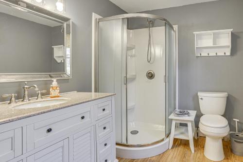 a bathroom with a shower and a toilet and a sink at Tranquil Catskills Home w/ Creek & Fire Pits in Parksville