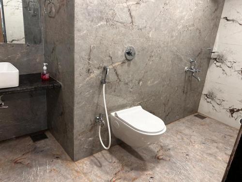 a bathroom with a toilet and a sink and a shower at Velkar Cottage Mahabaleshwar in Mahabaleshwar