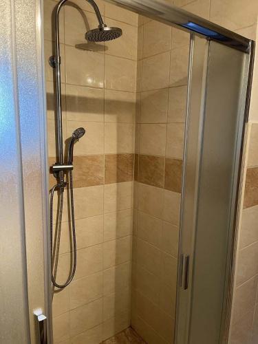 a shower with a glass door in a bathroom at chalupa na Vysočině in Věž