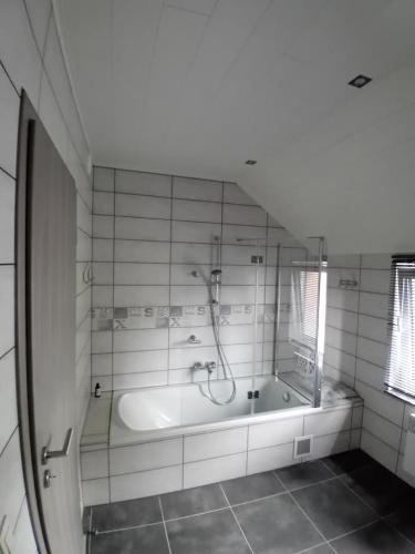 a bath tub with a shower in a bathroom at Chez Martine et Jean-Marc in Tintigny