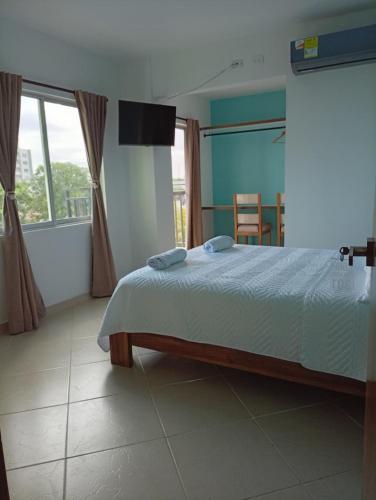 a bedroom with a bed and a large window at Adele Hotel in Ríohacha