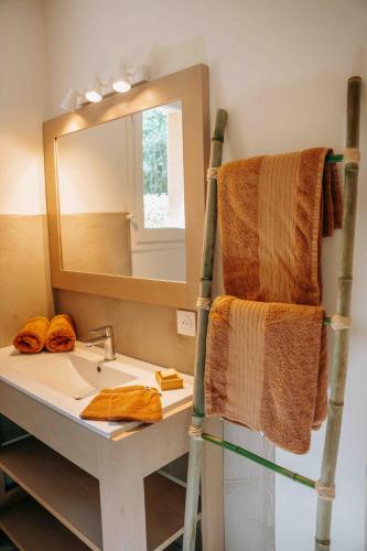 a bathroom with a sink and a mirror and towels at Maison Forenea chambres d'hôtes dans les bois avec petits déjeuners BIO in Sainte-Nathalène