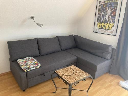a gray couch in a living room with a table at RoDo Balcony - 2 Zimmer Apartment mit 1 Schlafzimmer & Balkon in Kirchheim unter Teck