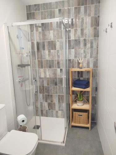 a bathroom with a glass shower with a toilet at Loresti Mare in Fuengirola
