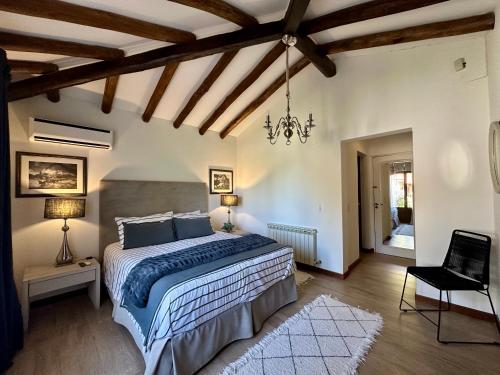a bedroom with a bed and a chandelier at Casa Cayé Solar del Plata in Vistalba