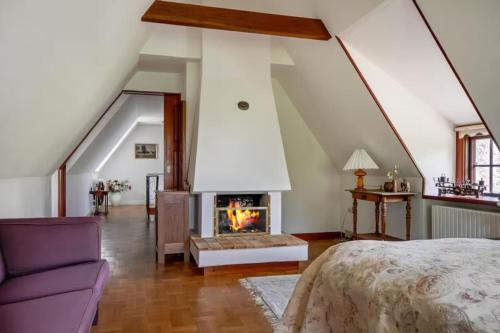 a bedroom with a bed and a fireplace at Skovgaardsvej 7 in Udby