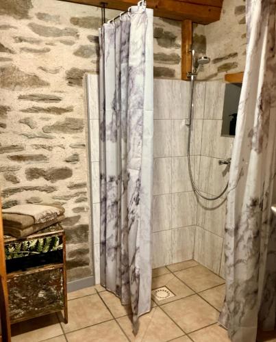a shower in a bathroom with a stone wall at The Village in Anzat-le-Luguet
