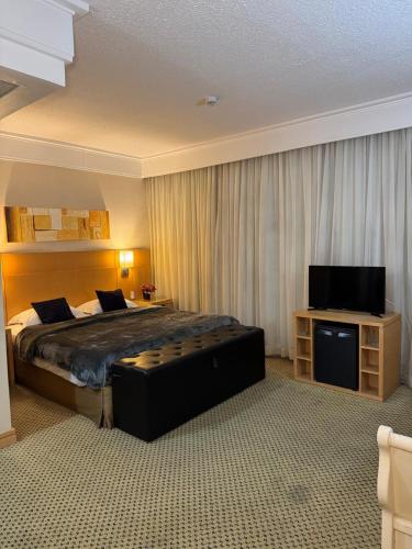 a hotel room with a bed and a flat screen tv at Flat Guarulhos - 4 in Guarulhos