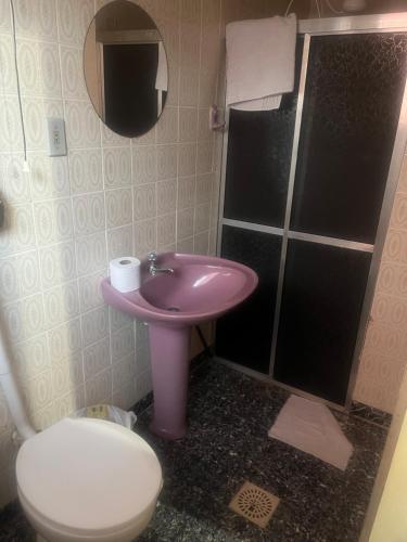 a bathroom with a pink sink and a toilet at Hotel e restaurante Camicia in Maximiliano de Almeida