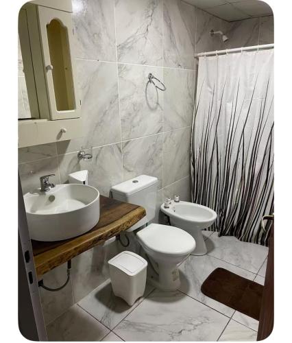 a bathroom with a sink and a toilet and a mirror at Tres Raíces in Miramar