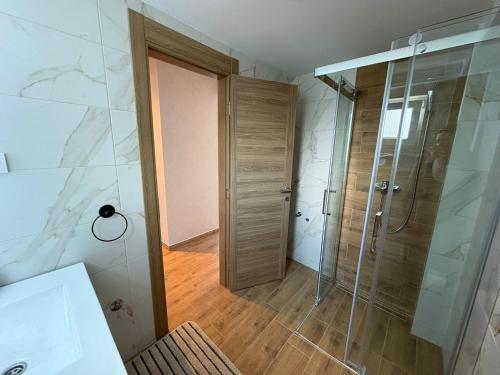 a bathroom with a shower and a walk in shower at Divine Apartmani in Dobanovci