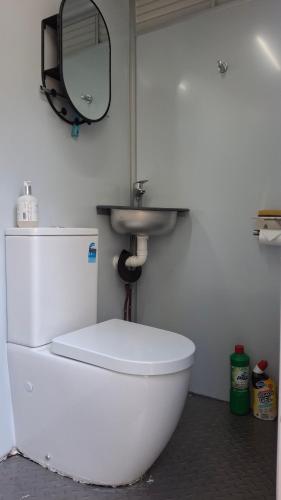 a bathroom with a white toilet and a sink at Truck Caravan Rustic Sunflower in Mount Crosby