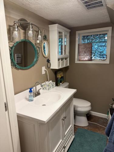 a bathroom with a sink and a toilet and a mirror at Dragonfly Cottage in Plymouth