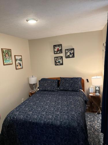a bedroom with a bed with a blue comforter at Dragonfly Cottage in Plymouth