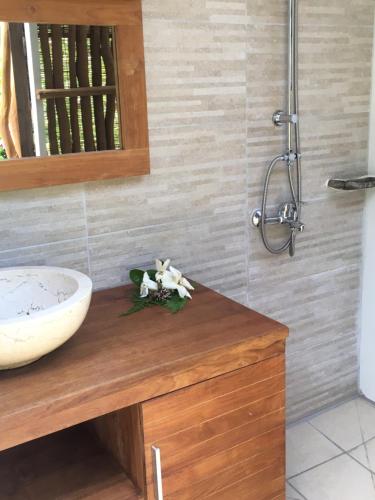 a bathroom with a sink on a wooden counter at Pension Te Aroha - Te Haumaru in Maatea