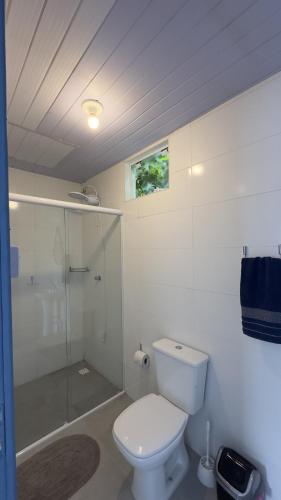 a bathroom with a toilet and a glass shower at Sea Wolf Surf Hostel Campeche in Florianópolis