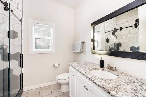a bathroom with a toilet and a sink and a mirror at The Pinyon - Mountain View Retreat in Carbondale