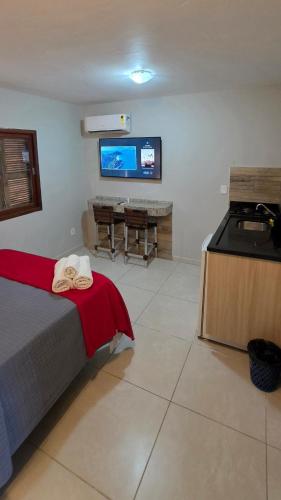 a bedroom with a bed and a sink and a flat screen tv at Flats Marina do Sol in Florianópolis