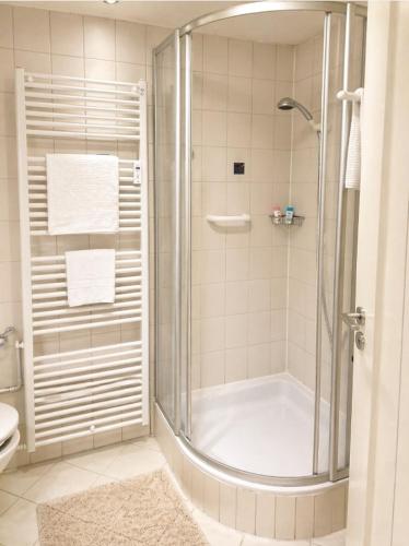 a bathroom with a shower with a glass door at Ferienwohnung -West Häfele Blick in Hagnau