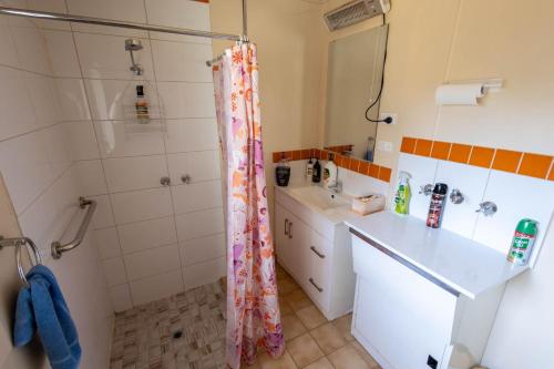 a bathroom with a shower and a sink at Hawker Bed and Breakfast in Hawker