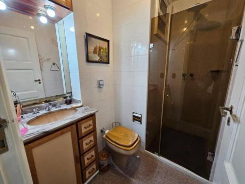a bathroom with a shower and a toilet and a sink at Loft no Hotel Quitandinha Experiência Única in Petrópolis