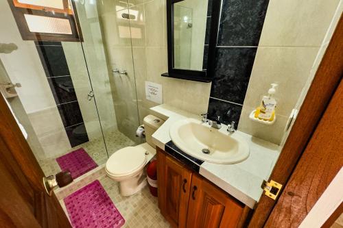 a bathroom with a sink and a shower and a toilet at Apartahotel Balcones de Nariño 2 in Villa de Leyva