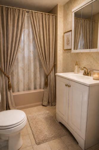 a bathroom with a toilet and a sink and a shower at Fall River Stay Urban Haven Entire Suites Cozy 4BR in Fall River
