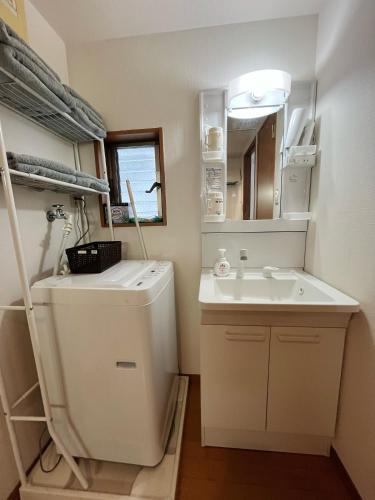 a bathroom with a sink and a toilet and a mirror at 一心館sakura401 in Wada