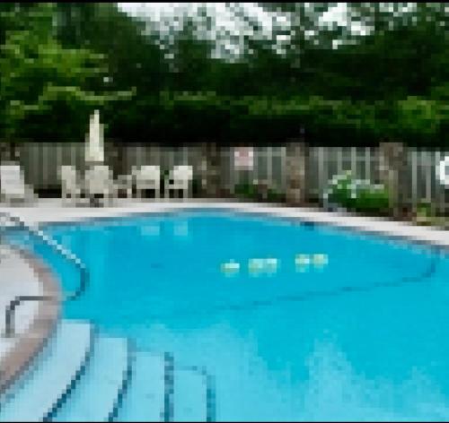 a large swimming pool with blue water and chairs at Chalet Suzanne in Helen