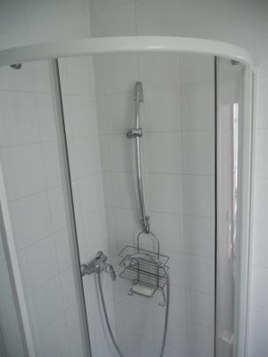 La salle de bains blanche est pourvue d'une douche. dans l'établissement Chambre Eugénie, à Saint-Cloud